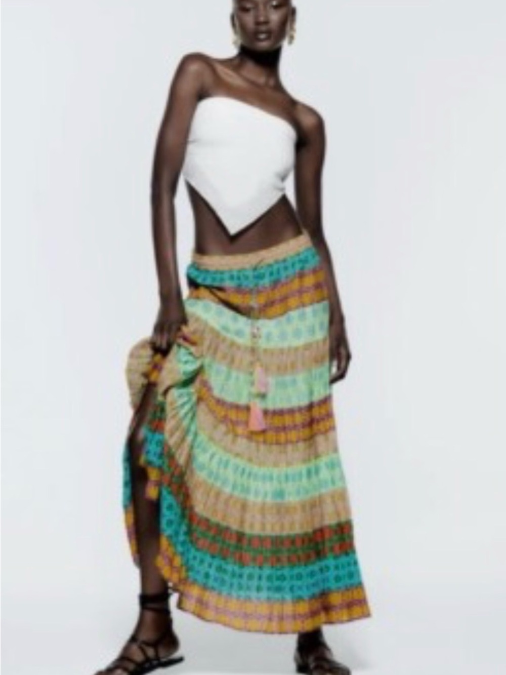 Zara Boho Tiered Floral Maxi Skirt in Teal, Yellow & Purple